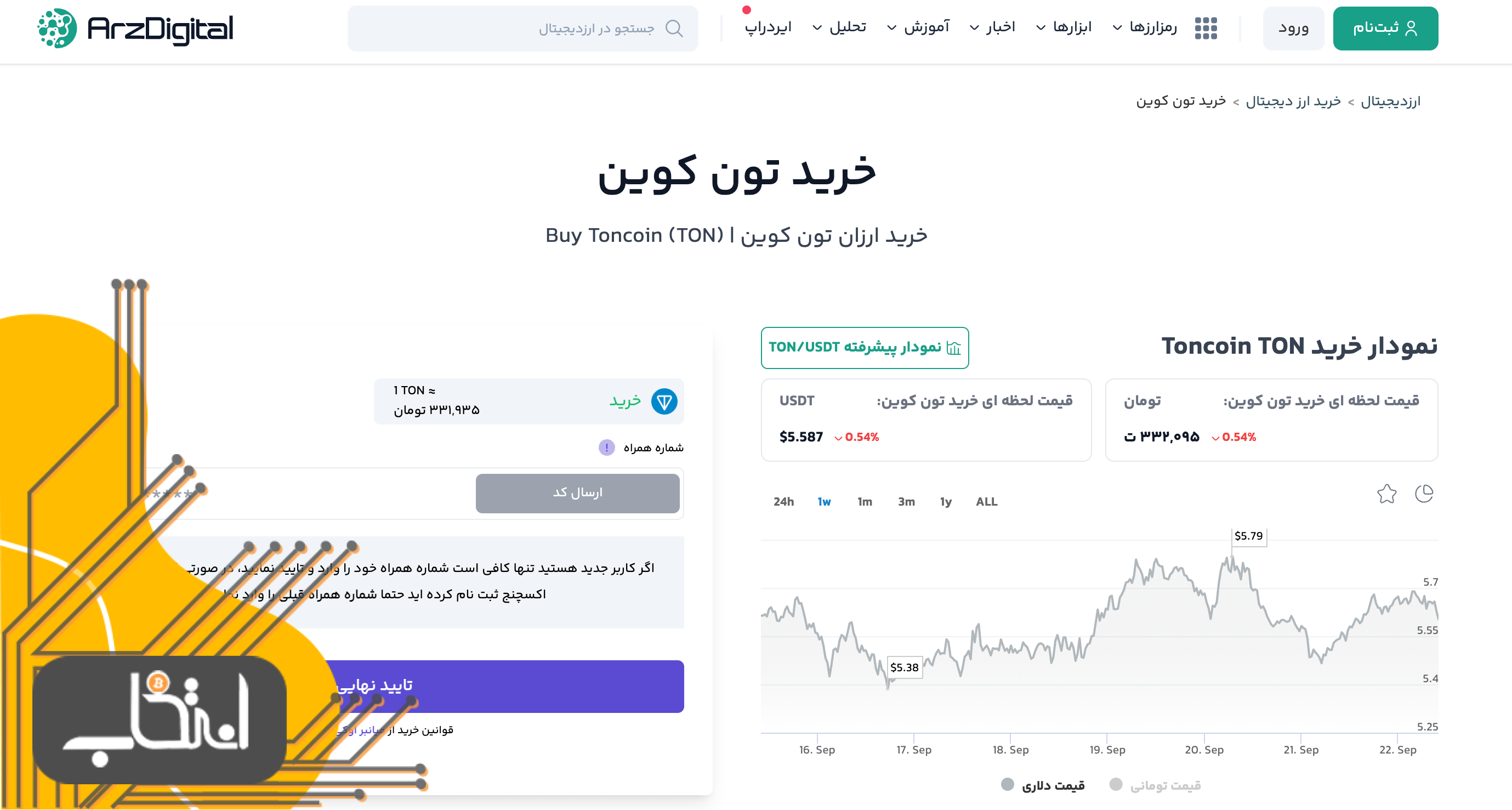 وارد کردن شماره موبایل برای خرید تون کوین در انتخاب