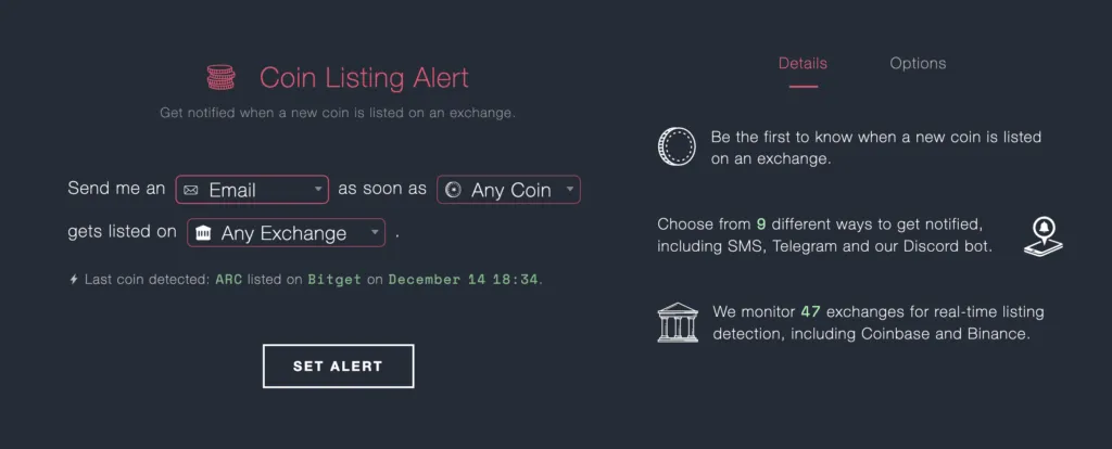 تنظیم هشدار در سایت Cryptocurrency alerting برای باخبر شدن از لیست شدن ارزهای جدید
